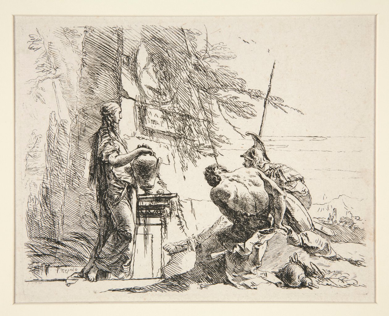 Stehende Frau und sitzender Mann vor einem Obelisken, aus der Serie Vari Capricci von Giovanni Battista Tiepolo