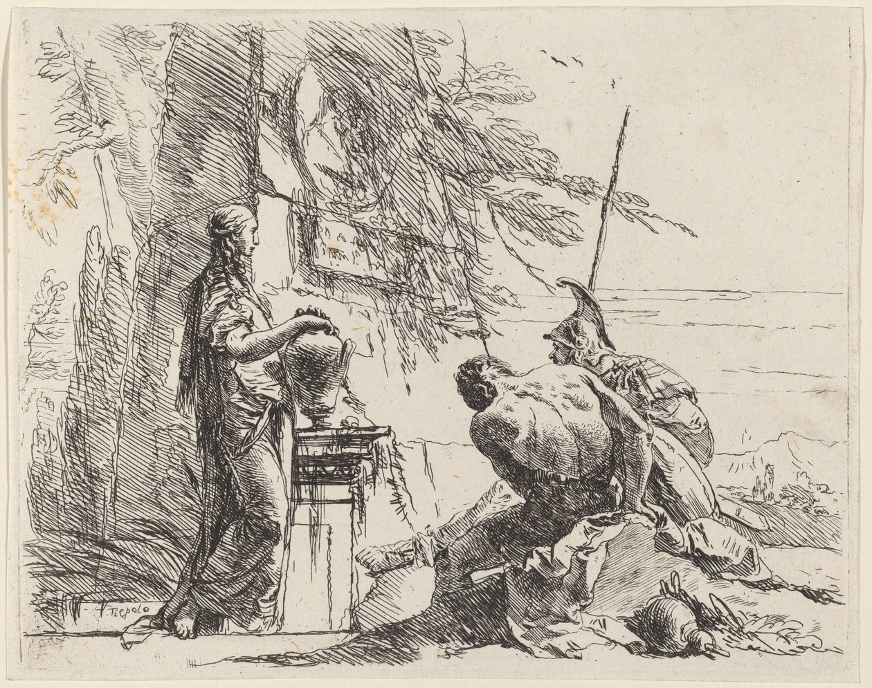 Stehende Frau und sitzende Männer vor einem Obelisken von Giovanni-Battista Tiepolo