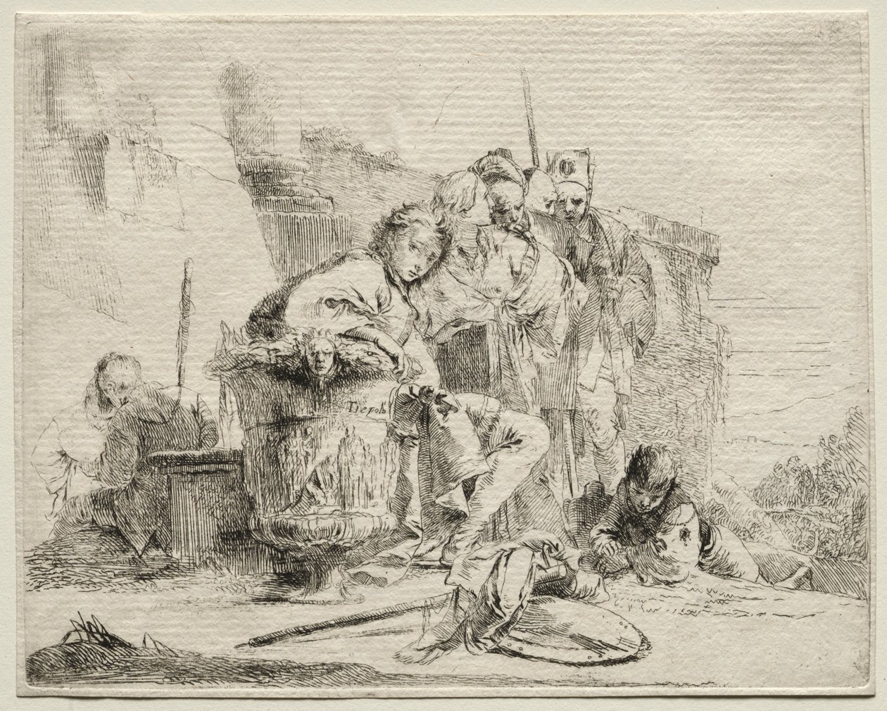 Verschiedene Kaprizen: Junger Mann sitzt, an eine Urne gelehnt von Giovanni Battista Tiepolo