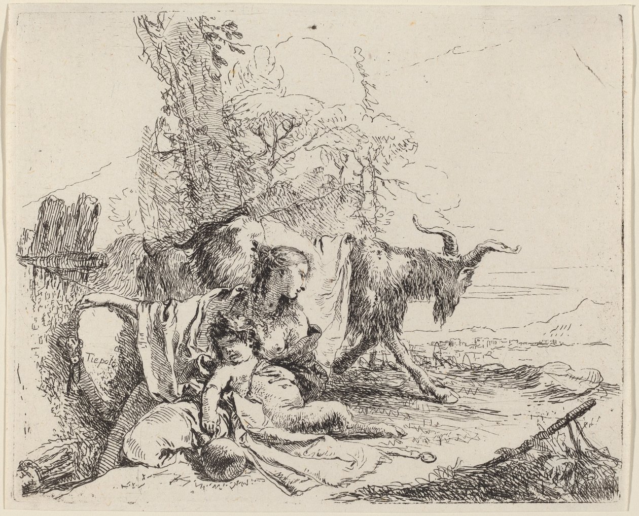 Frau, Satyrkind und Ziege in einer Landschaft von Giovanni-Battista Tiepolo