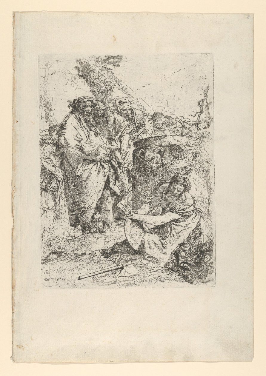 Frau, die vor Zauberern und anderen Figuren kniet, aus den Scherzi, ca. 1743-50 von Giovanni Battista Tiepolo