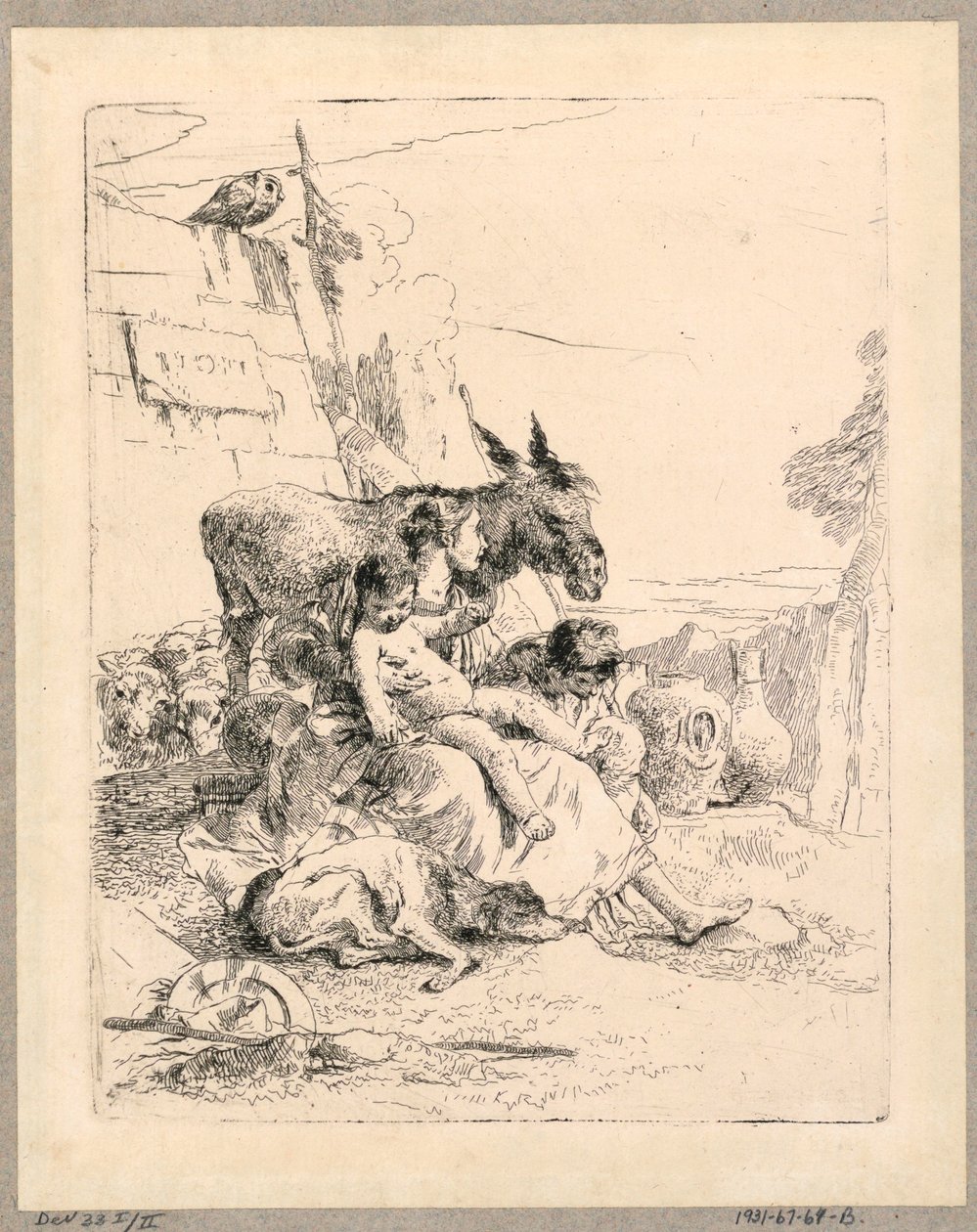 Frau mit zwei Kindern und einem Esel, Platte 21 aus den Scherzi di Fantasia von Giovanni Battista Tiepolo