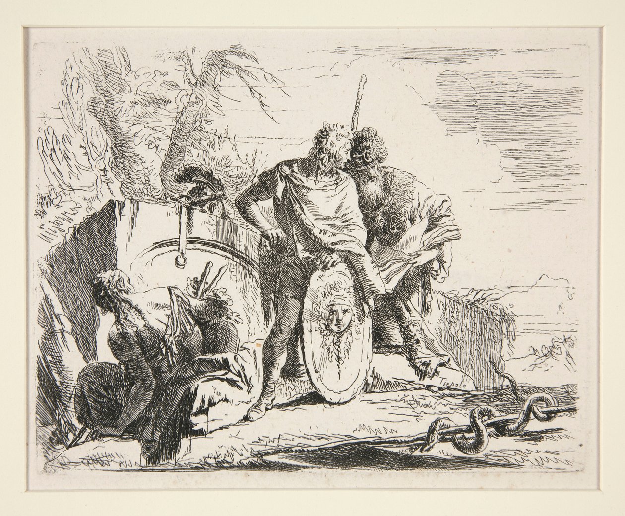 Junger Soldat mit Philosoph und sitzender Frau, aus der Serie Vari Capricci von Giovanni Battista Tiepolo