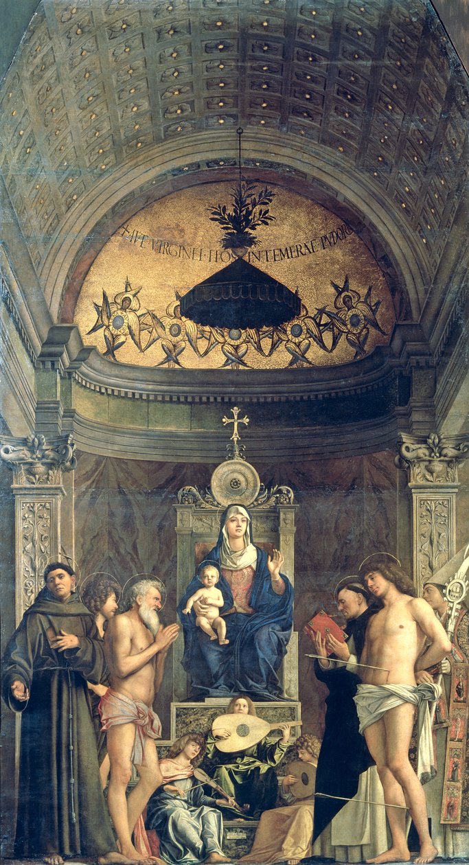 Madonna und Kind auf dem Thron zwischen den Heiligen Franziskus, Johannes dem Täufer, Hiob, Dominikus, Sebastian und Ludwig (das San Giobbe Altarbild) ca. 1487 von Giovanni Bellini