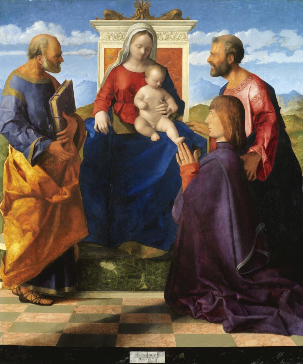 Madonna mit Kind auf dem Thron mit Heiligen und Stifter von Giovanni Bellini