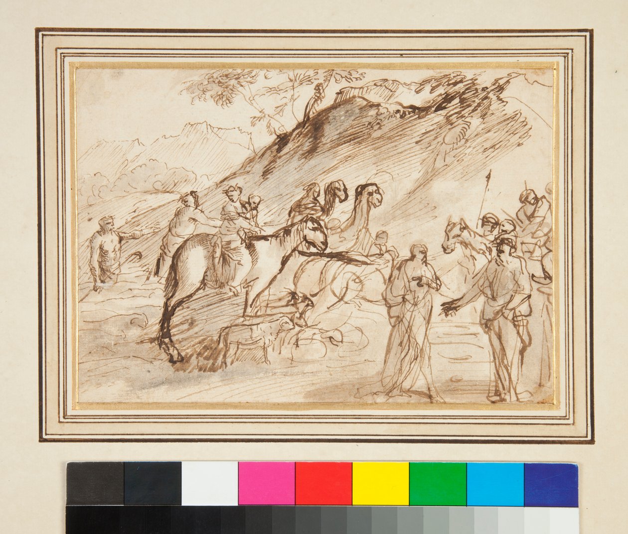 Ein Treffen zwischen zwei Männern, Pferden und Kamelen im Hintergrund von Giovanni Benedetto Castiglione