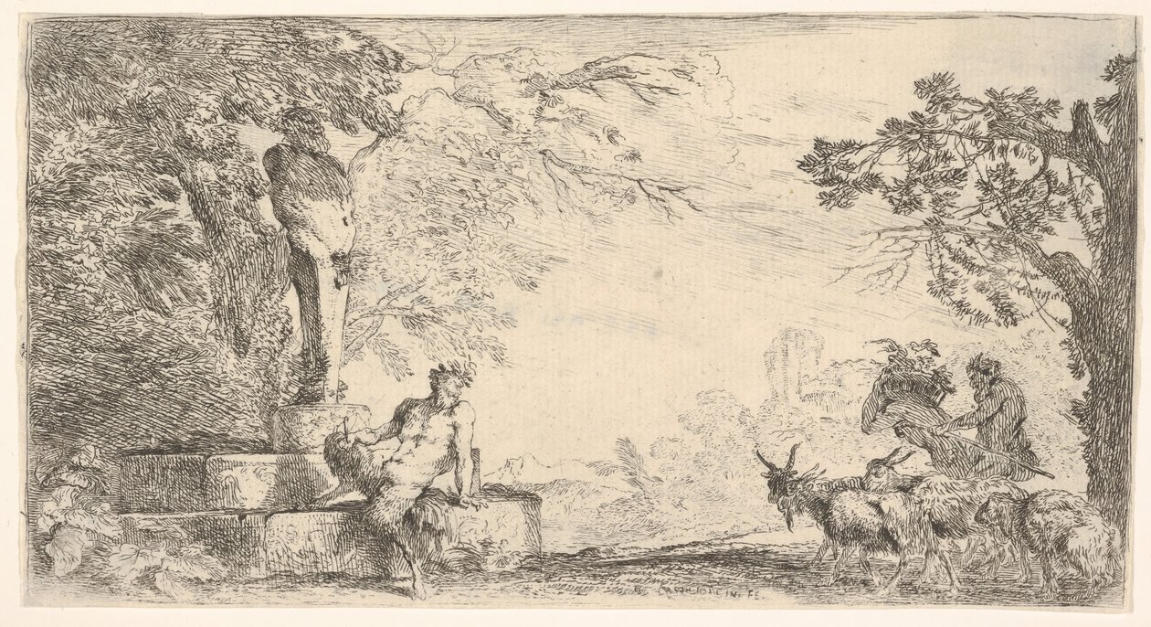 Ein Satyr ruht am Fuß einer Statue des Priapus, Ziegen rechts, ca. 1645-48 von Giovanni Benedetto Castiglione