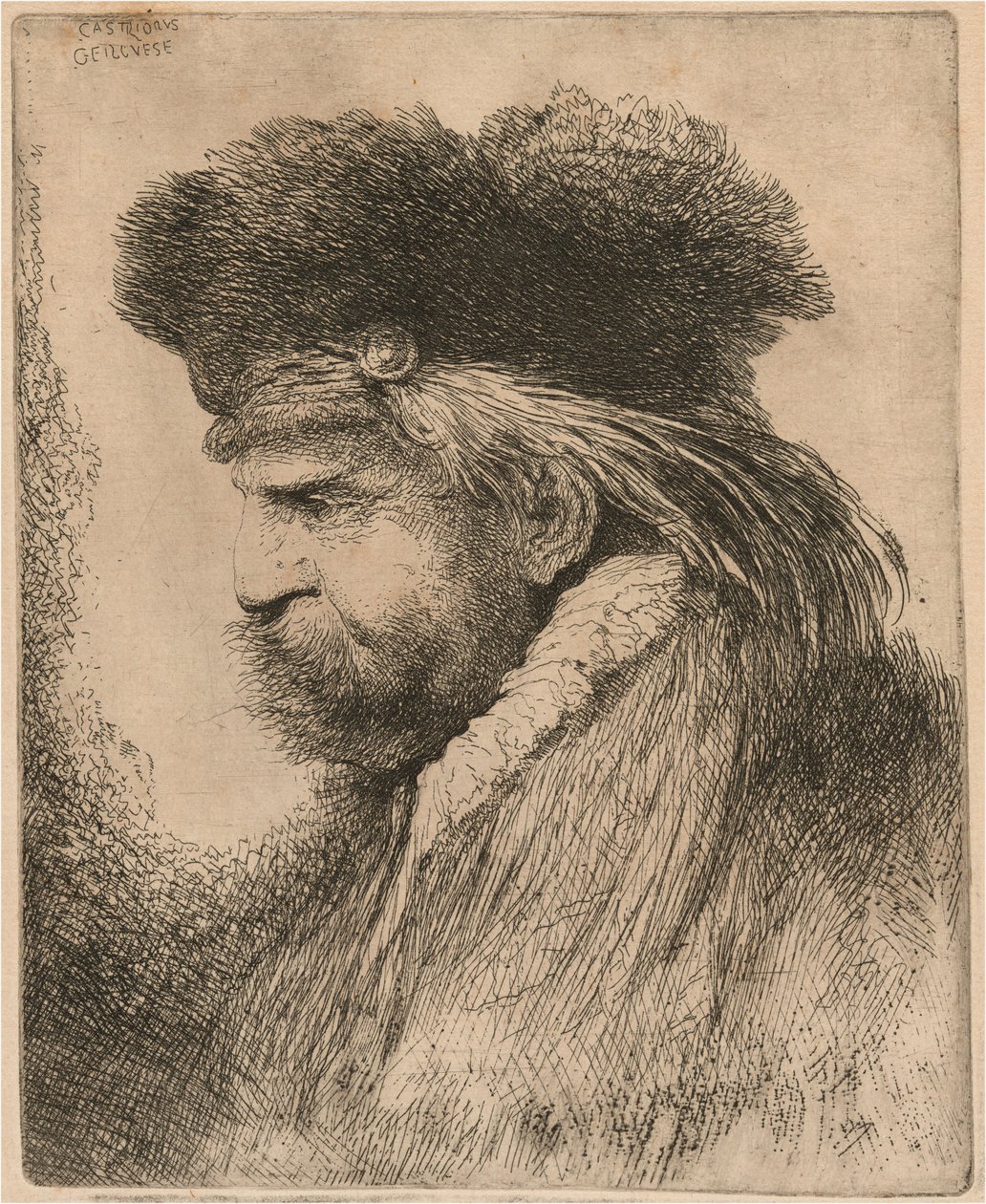 Bärtiger Mann mit Pelzmütze, nach links gewandt von Giovanni Benedetto Castiglione