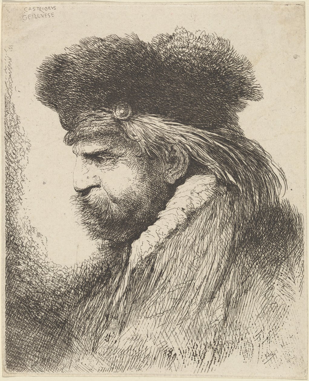 Bärtiger Mann mit Pelzmütze, nach links blickend von Giovanni Benedetto Castiglione