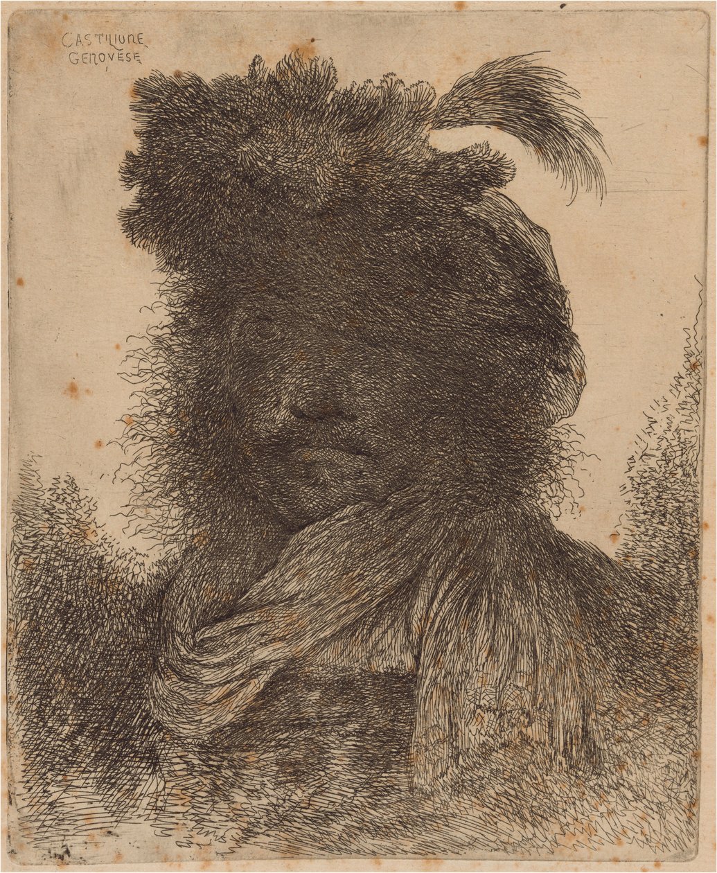 Bärtiger Mann mit schattiertem Gesicht, einen Schal und einen Federhut tragend von Giovanni Benedetto Castiglione