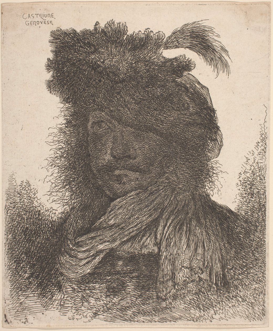 Bärtiger Mann mit schattiertem Gesicht, der einen Schal und einen Federhut trägt von Giovanni Benedetto Castiglione