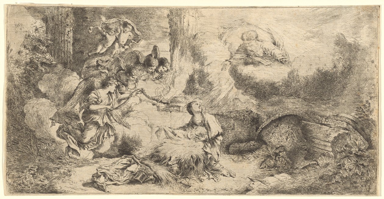 Gottvater und Engel, die das Christkind anbeten von Giovanni Benedetto Castiglione