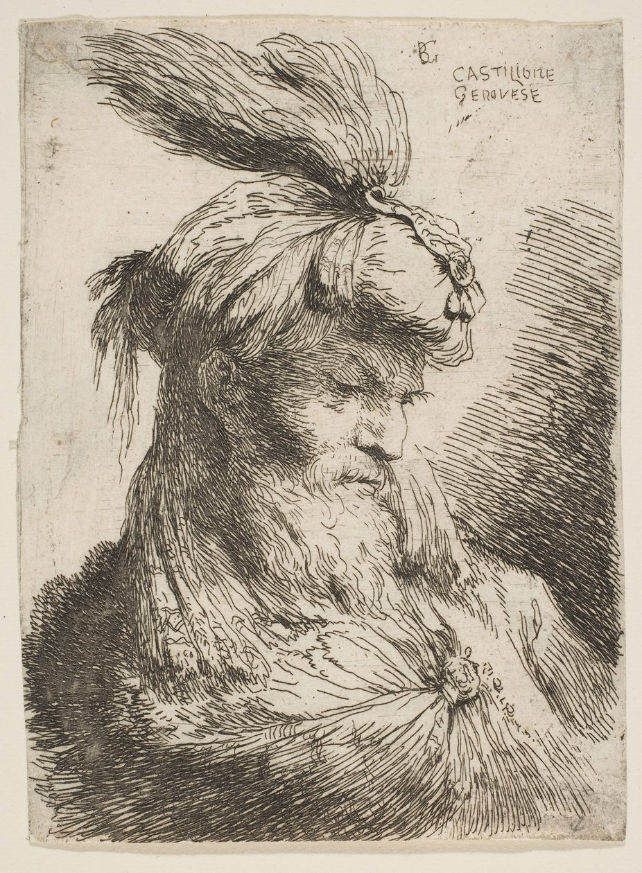 Kopf eines bärtigen Mannes mit Turban nach rechts, aus der Serie Kleine Köpfe..., ca. 1645-1650 von Giovanni Benedetto Castiglione