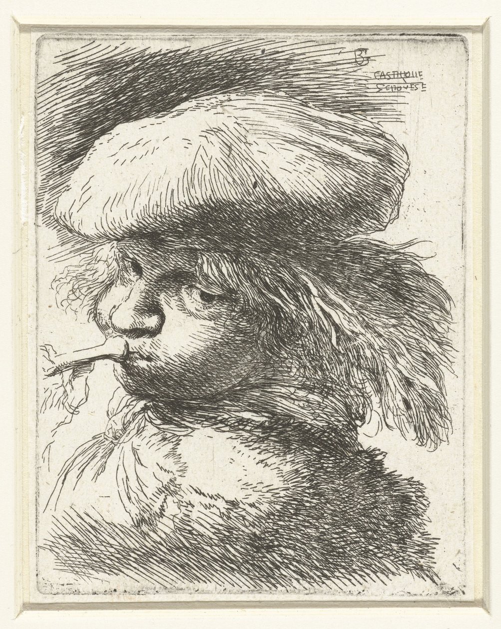 Kopf eines Jungen, der auf einer Trompete bläst (Serie: Kleine studie van hoofden met oosterse hoofddeksels) von Giovanni Benedetto Castiglione