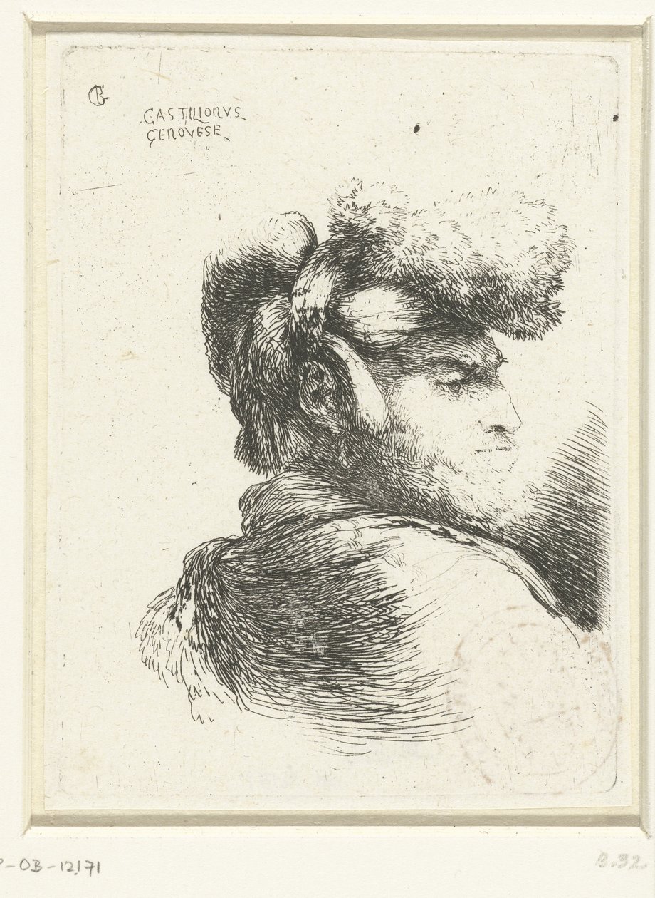 Kopf eines Mannes mit einer mit Pelz besetzten Kopfbedeckung
Kleine Studie von Köpfen mit orientalischen Kopfbedeckungen (Serientitel) von Giovanni Benedetto Castiglione