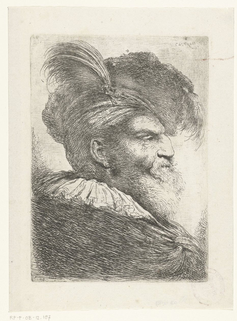 Kopf eines Mannes mit Turban und Pelzmütze von Giovanni Benedetto Castiglione