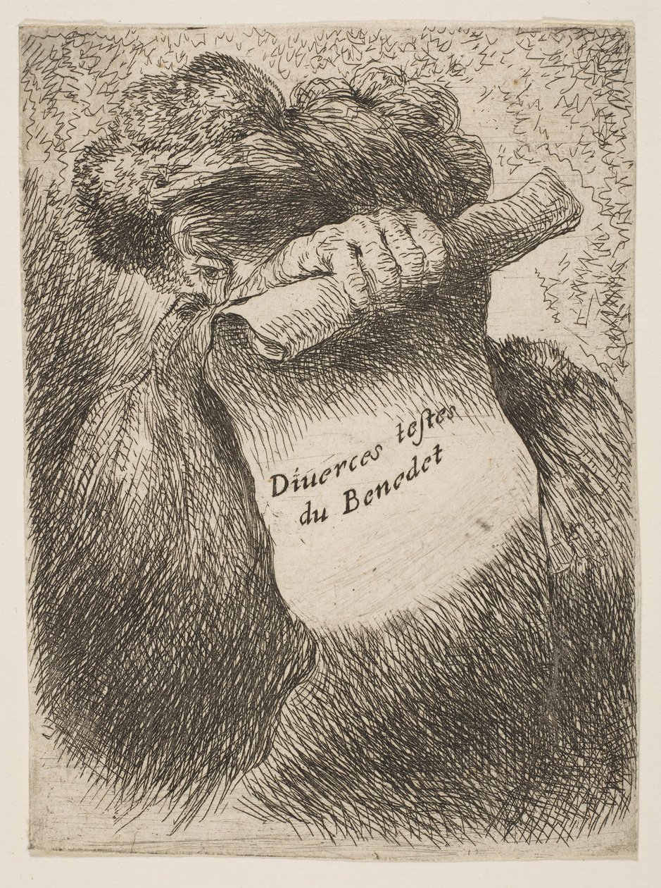 Mann, der eine Schriftrolle vor sein Gesicht hält, aus der Serie Kleine Köpfe in Ori..., ca. 1645-1650 von Giovanni Benedetto Castiglione
