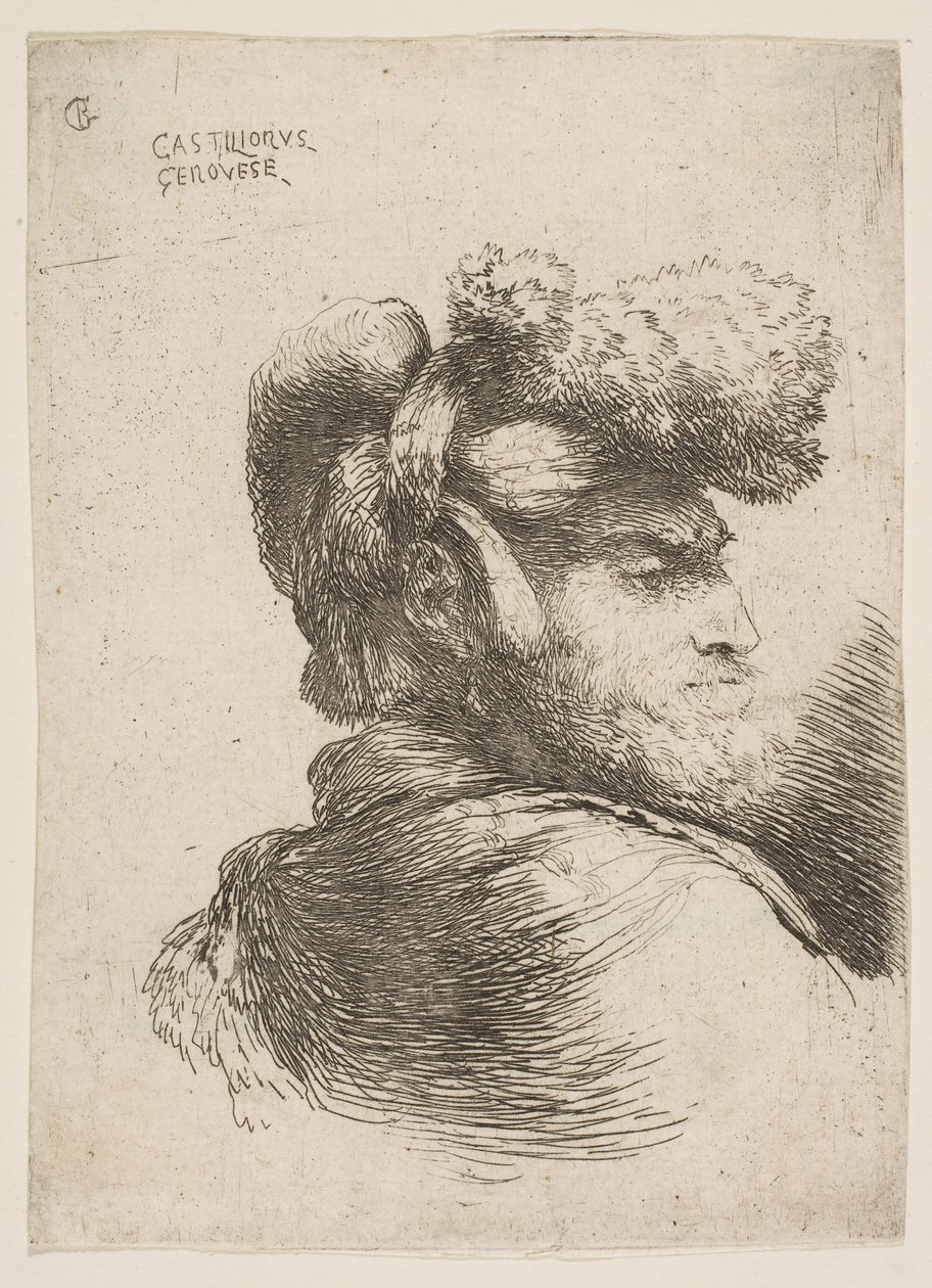 Mann im Profil nach rechts, mit Pelzmütze, aus der Serie der kleinen Köpfe, ca. 1645-1650 von Giovanni Benedetto Castiglione