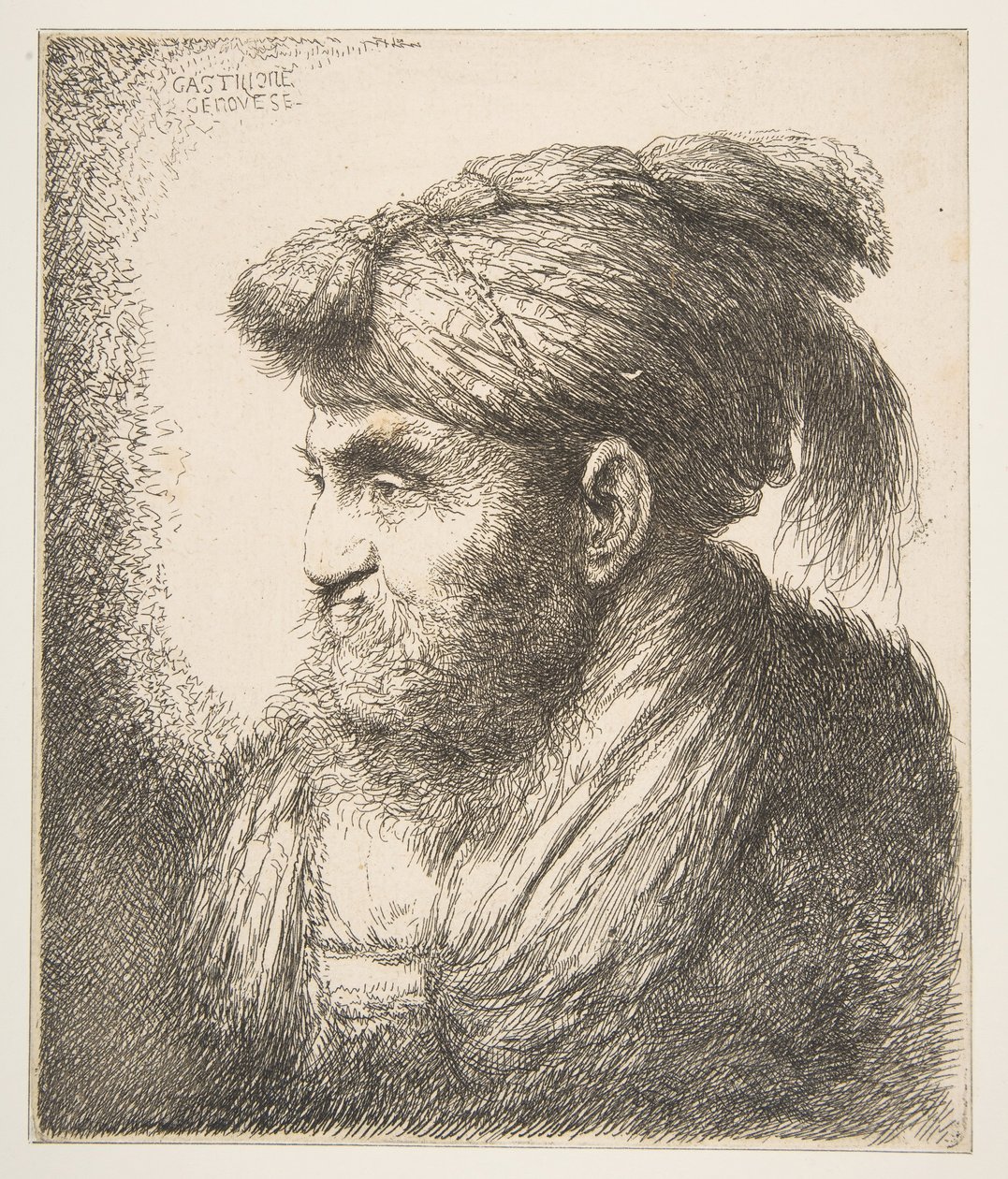 Mann mit Turban nach links gewandt, aus der Serie Große orientalische Köpfe, ca. 1645-50 von Giovanni Benedetto Castiglione