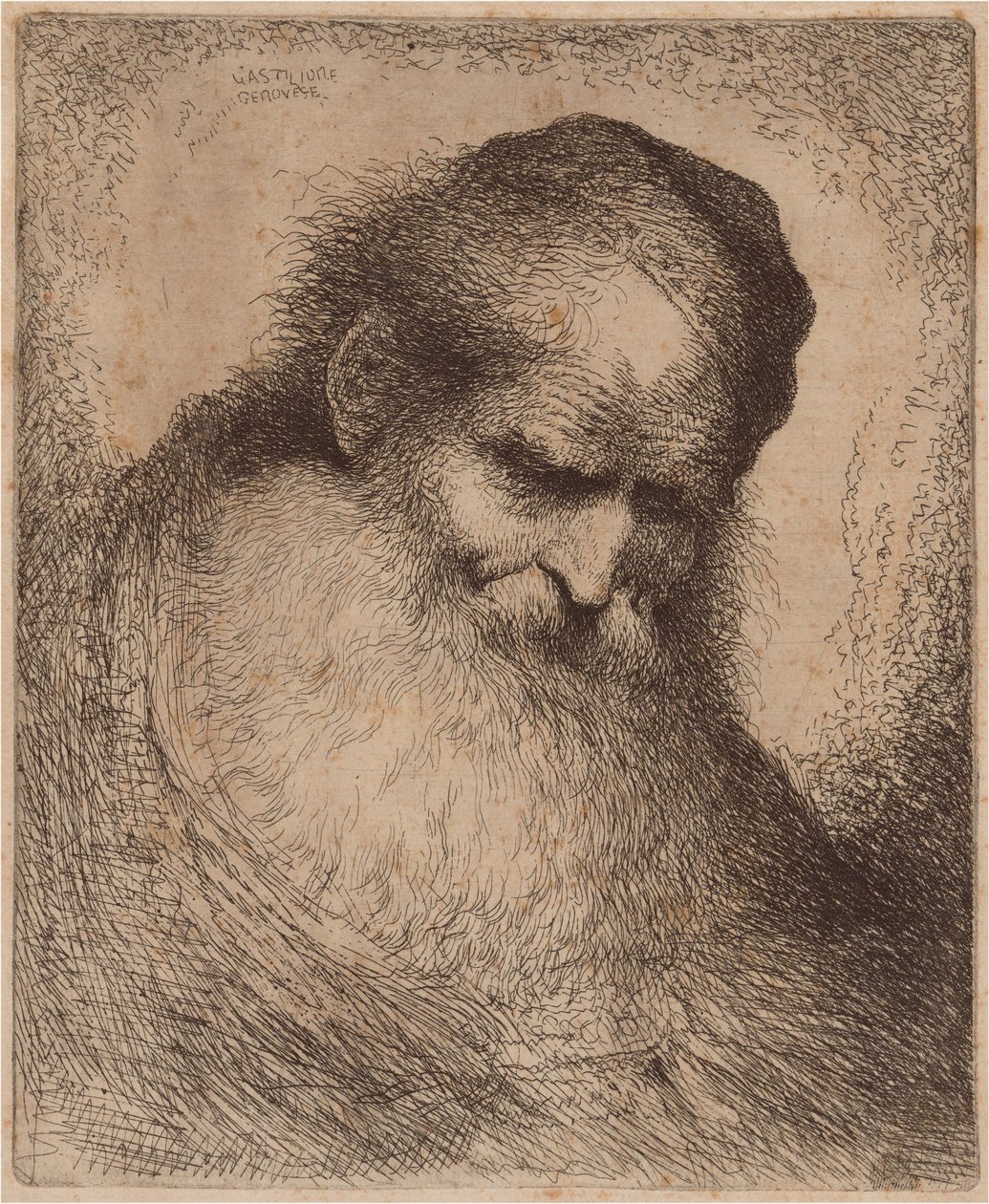 Alter Mann mit langem Bart und Schädeldecke, nach vorne gebeugt von Giovanni Benedetto Castiglione