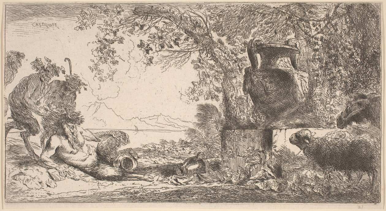 Pan liegend vor einer großen Vase von Giovanni Benedetto Castiglione