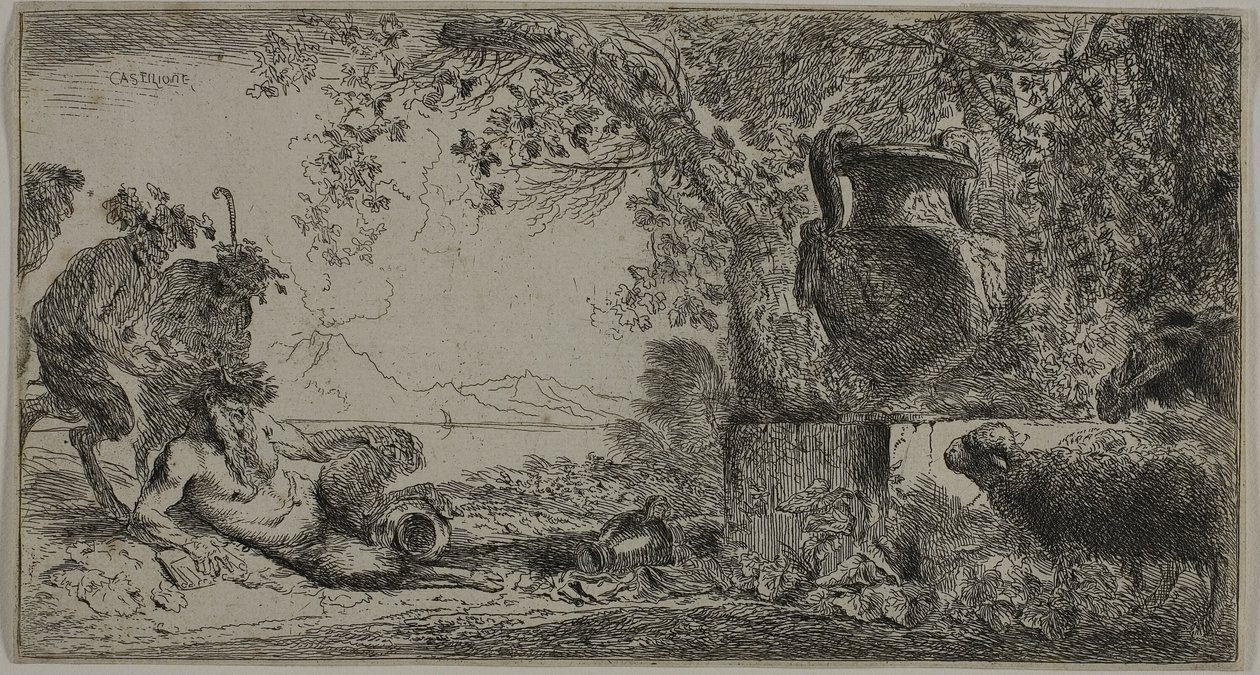 Pan ruht vor einer großen Vase von Giovanni Benedetto Castiglione