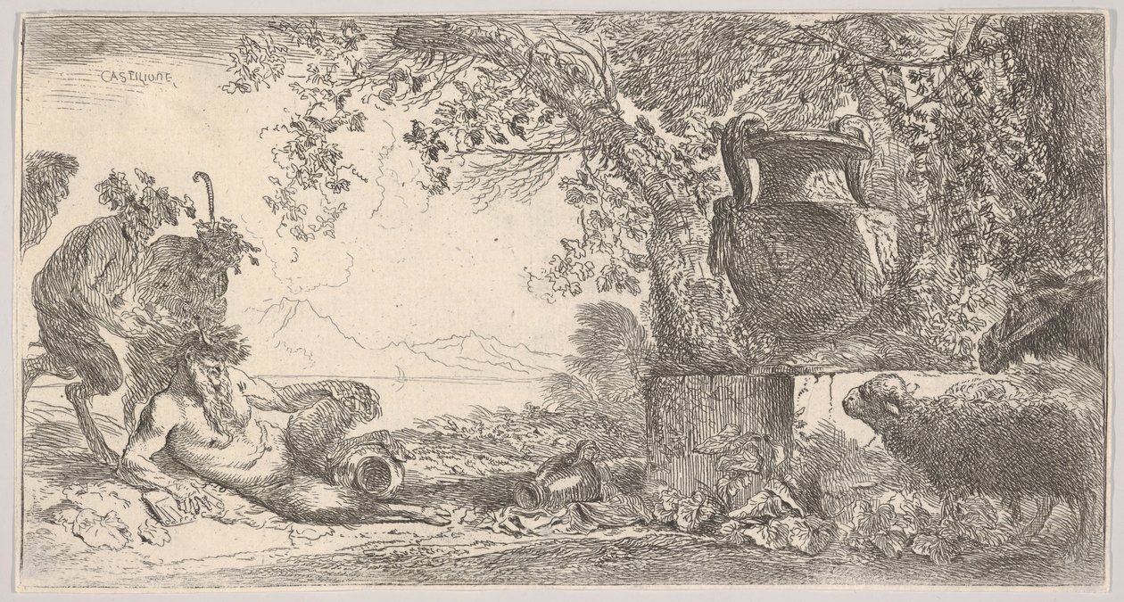Pan ruht links mit zwei stehenden Satyrn, eine große Vase auf einem Sockel rechts, ca. 1645 von Giovanni Benedetto Castiglione