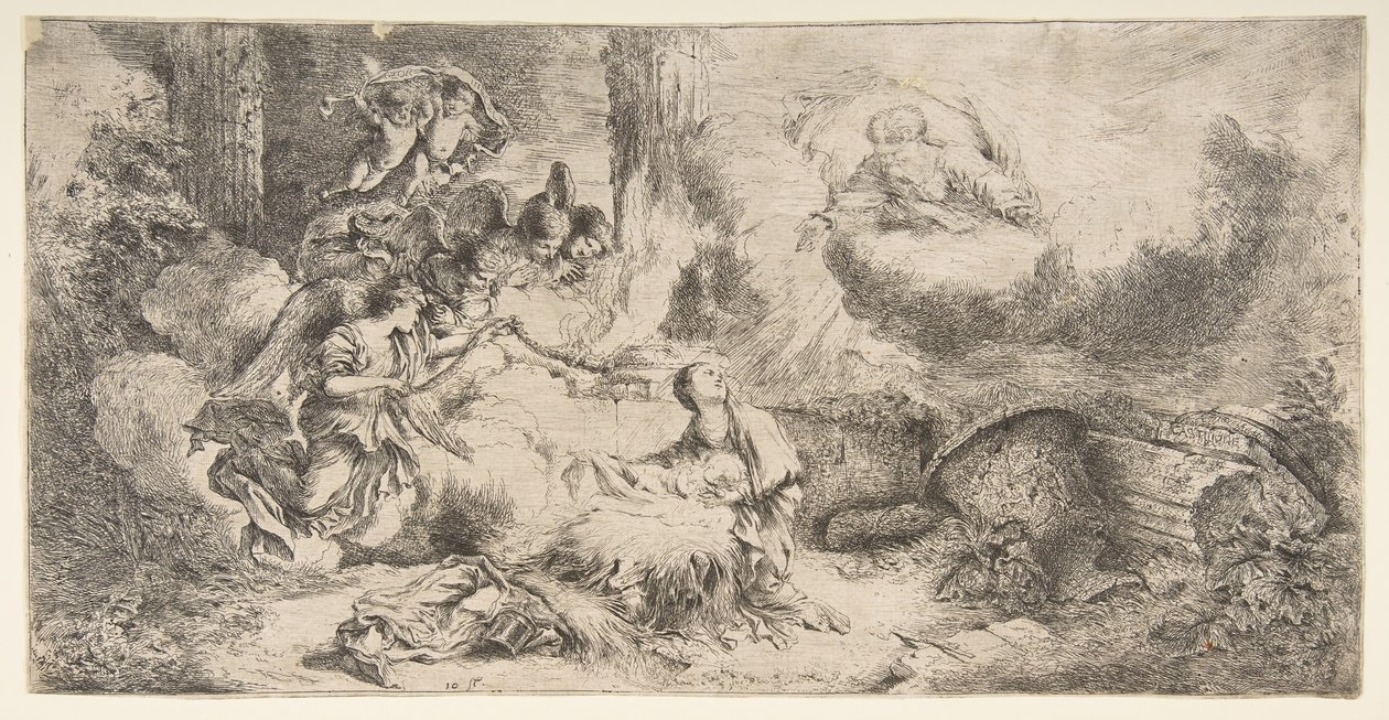 Die Jungfrau und das Kind, Gottvater oben rechts, Engel links von Giovanni Benedetto Castiglione