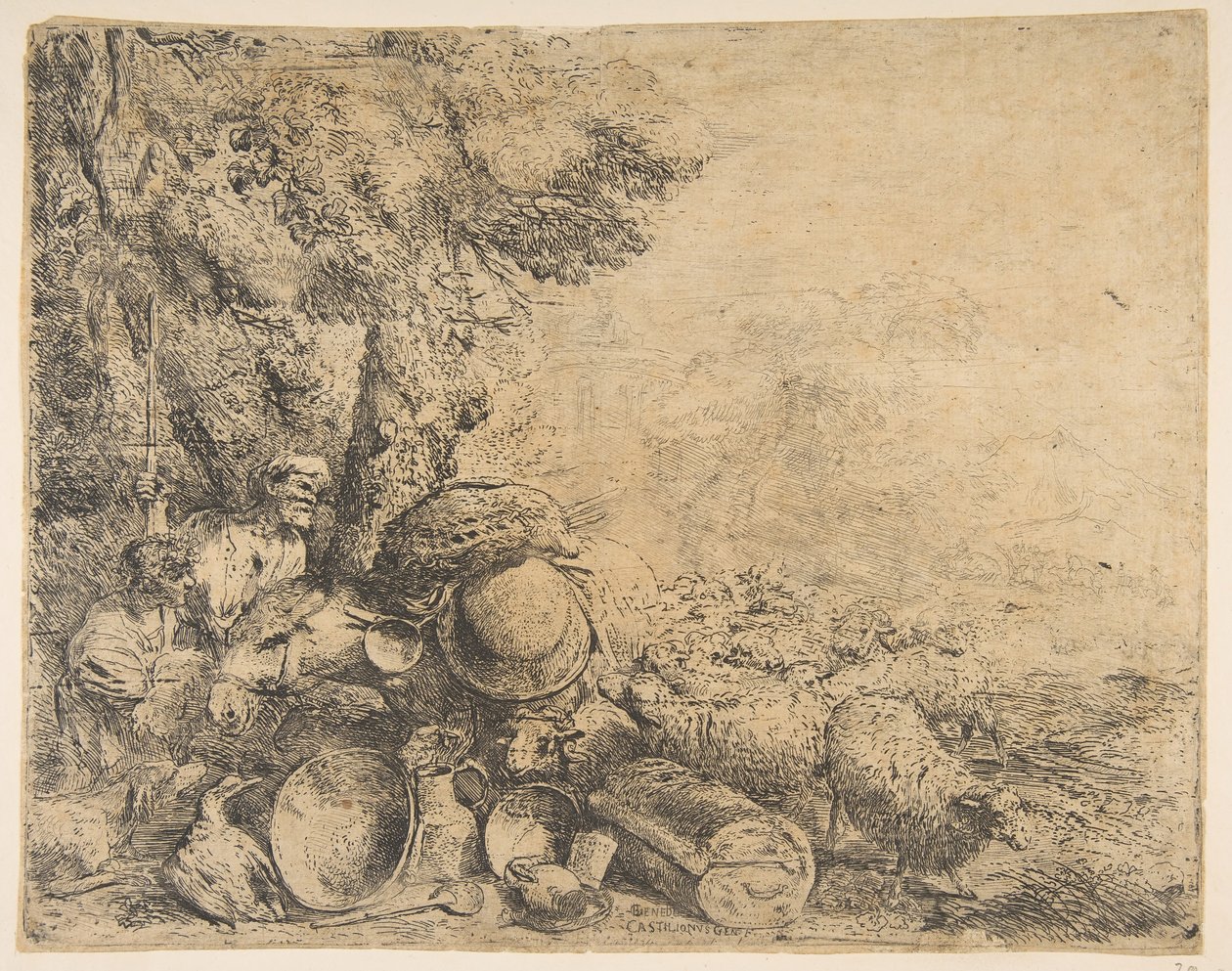 Zwei Hirten, ein Esel und andere Tiere in einer Landschaft, ca. 1638-1640 von Giovanni Benedetto Castiglione