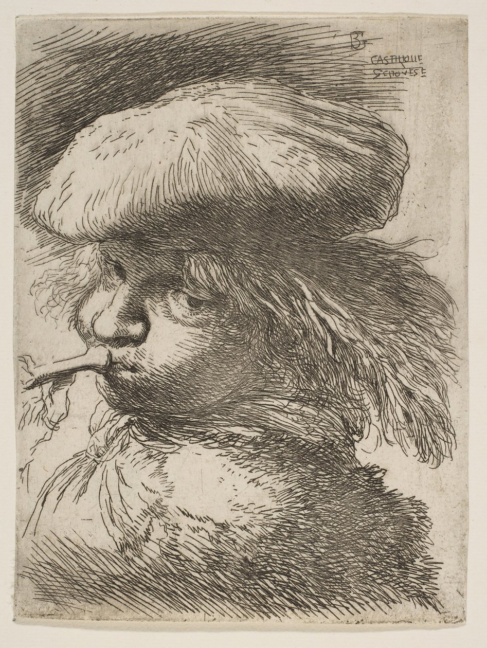 Junger Mann mit Trompete nach links, aus der Serie Kleine Köpfe in orientalischer Tracht von Giovanni Benedetto Castiglione