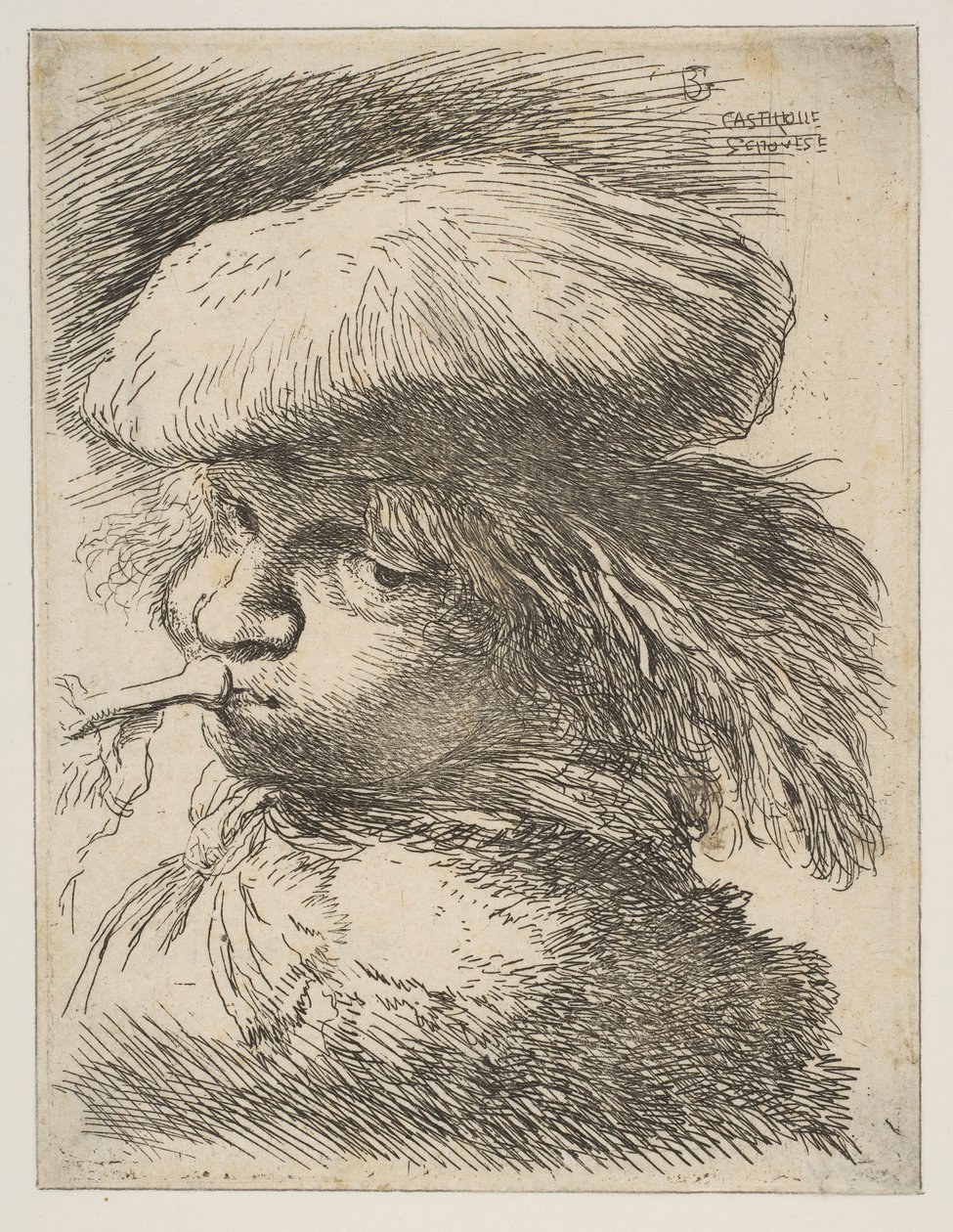 Junger Mann mit Trompete nach links gewandt aus der Serie Kleine Köpfe in orientalischer Tracht von Giovanni Benedetto Castiglione
