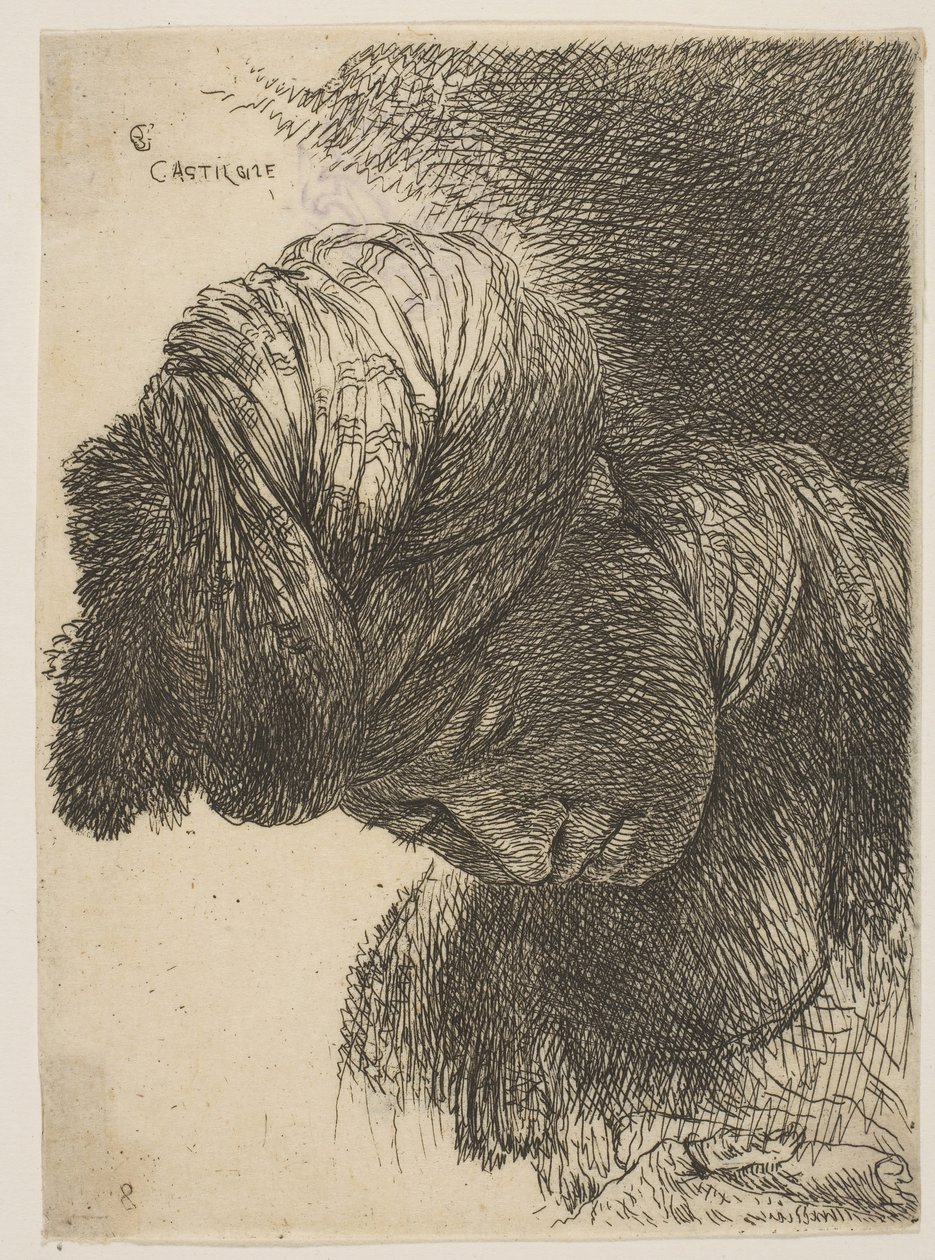 Junger Mann mit gesenktem Kopf, trägt einen Turban, nach links gewandt, aus der Serie von Giovanni Benedetto Castiglione