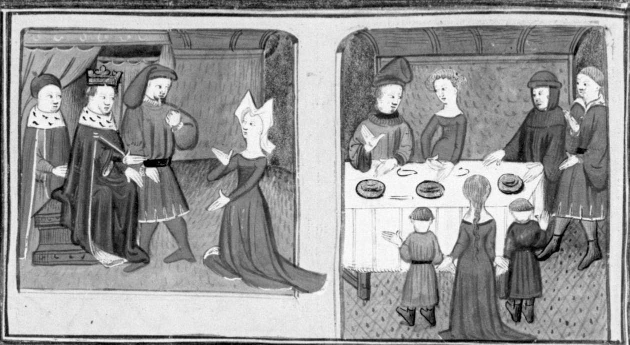 Dekameron, Gilette bittet den König, Beltramo di Rossiglione heiraten zu dürfen; Giletta stellt Beltramo ihre Kinder vor. Dritter Tag, Novelle 9. von Giovanni Boccaccio