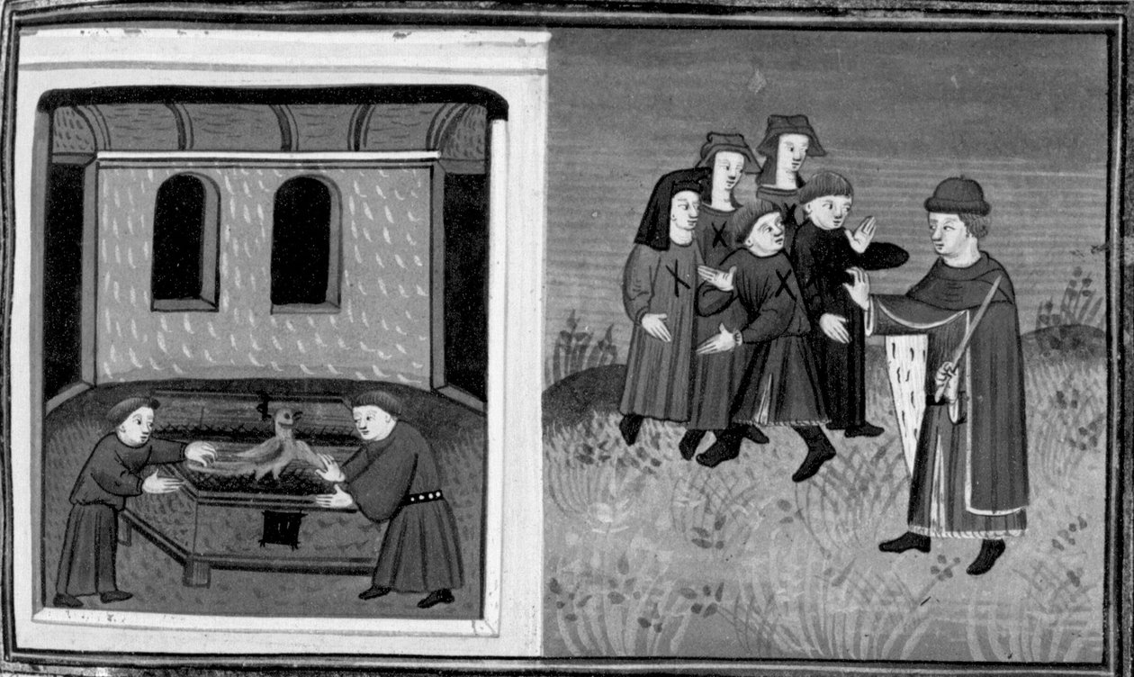 Dekameron, Giovanni del Bragoniera und Biagio Pizzini stehlen die Reliquie von Bruder Ciboule; der Bruder markiert die Kleidung der Dorfbewohner mit Kohlen. Sechster Tag, Novelle 10 von Giovanni Boccaccio