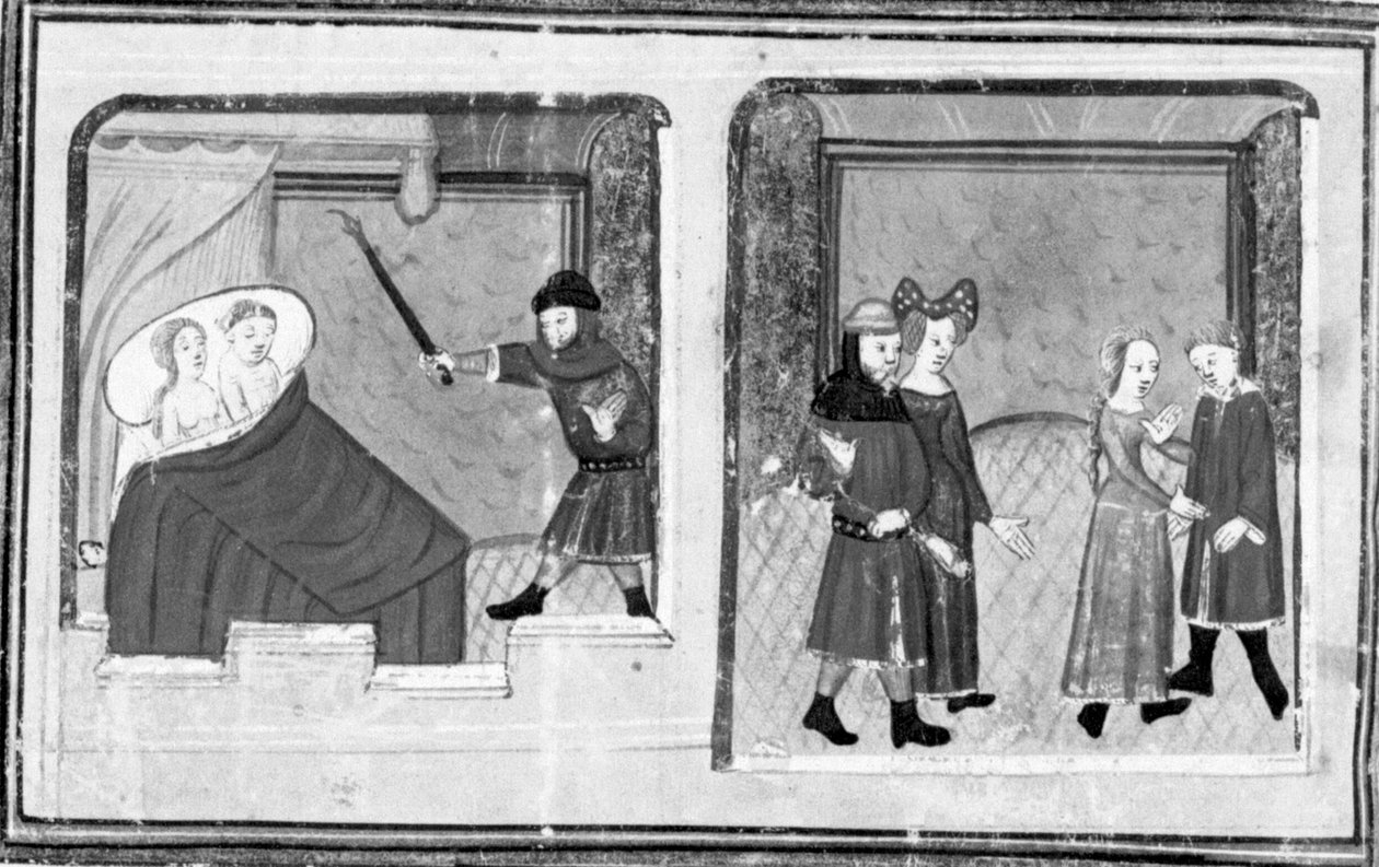 Dekameron, Cimon beobachtet Iphigenie; eine Doppelhochzeit wird gefeiert. Fünfter Tag, Novelle 4. von Giovanni Boccaccio