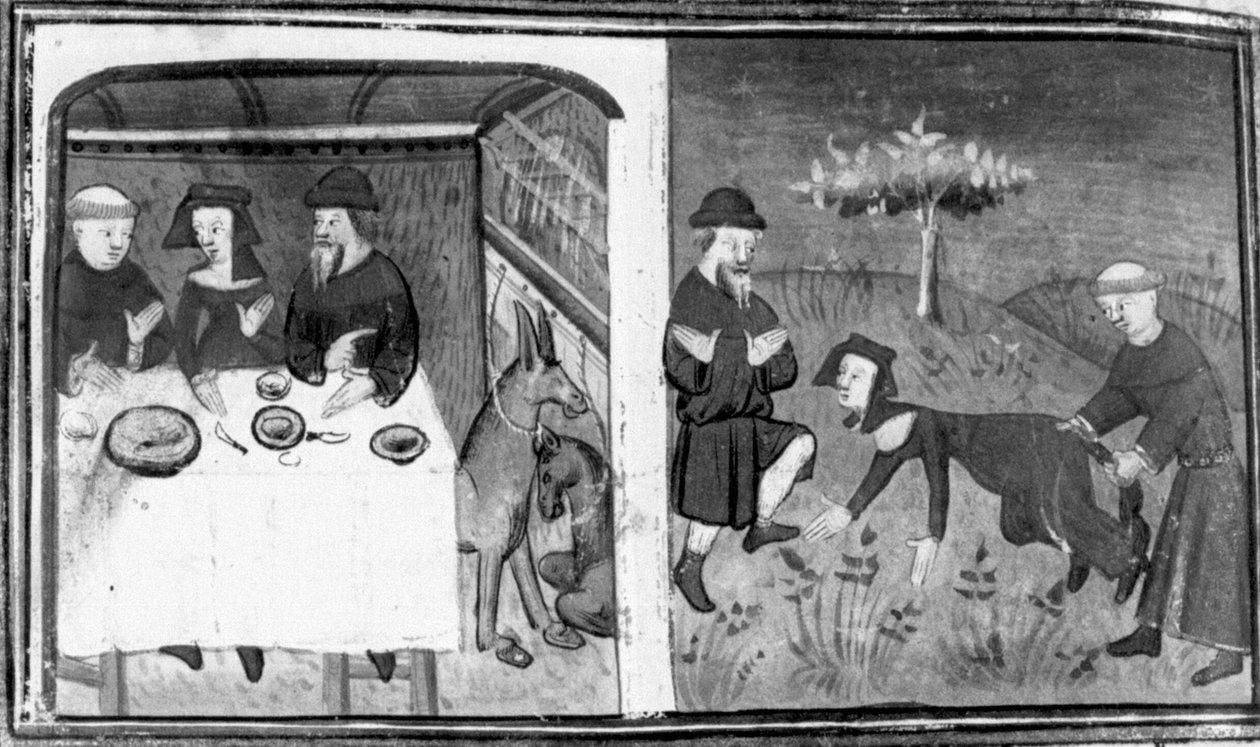 Dekameron, Gianni di Barolo sitzt mit Pietro da Tresanti und seiner Frau am Tisch; Gianni versucht, der Frau einen Schwanz anzubinden. Neunter Tag, Novelle 10 von Giovanni Boccaccio