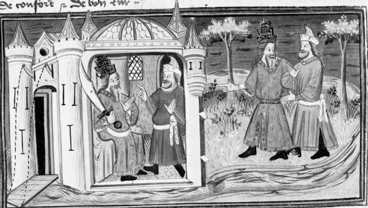 Decameron, Melchisedech erzählt Saladin das Gleichnis von den drei Ringen; die beiden Männer werden Freunde. Erster Tag, Geschichte 3. von Giovanni Boccaccio