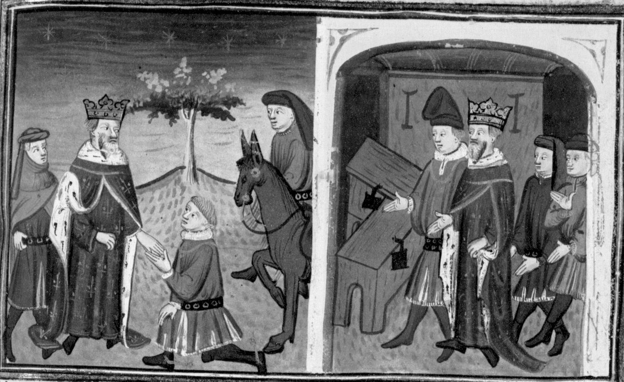 Dekameron, Ruggieri verlässt König Alfons; der König lädt Ruggieri ein, zwischen zwei Truhen zu wählen. Zehnter Tag, Novelle 1. von Giovanni Boccaccio