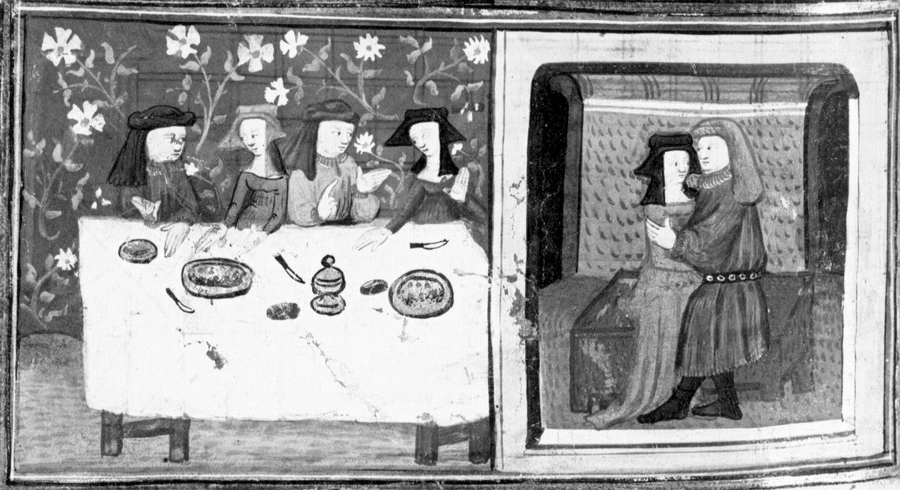 Dekameron, Spinelloccio und Zeppa sitzen mit ihren Frauen am Tisch; Zeppa küsst die Frau von Spinelloccio. Achter Tag, Novelle 8 von Giovanni Boccaccio