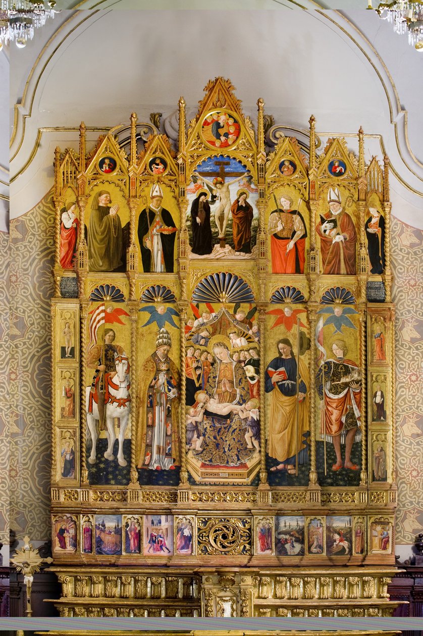 Polyptychon mit Madonna und Kind auf dem Thron zwischen Heiligem Eustachius, Heiligem Petrus, Heiligem Jakobus dem Älteren, Heiligem Venantius, Beato Guardato, Heiligem Nikolaus von Bari, Kreuzigung Christi, Heiligem Sebastian und Heiligem Eleutherius, Ges von Giovanni Boccati or Boccatto