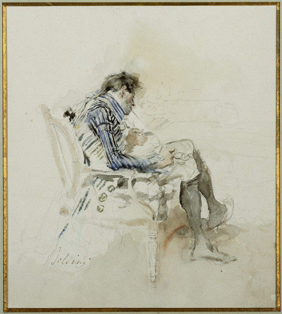 Herr, der in einem Sessel sitzt, ein Buch liest und eine Pfeife raucht von Giovanni Boldini