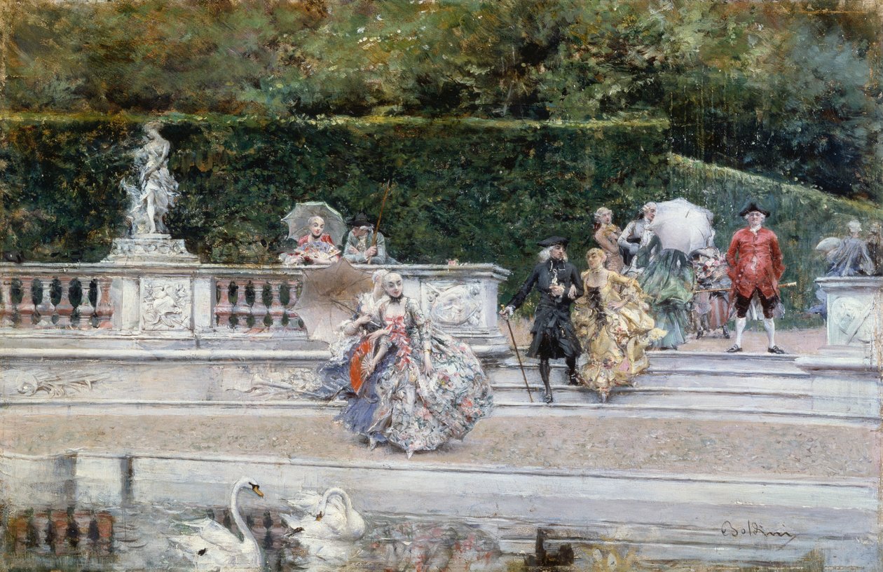 Blick auf den Garten von Versailles mit Menschen in Kleidung des 18. Jahrhunderts, von Giovanni Boldini von Giovanni Boldini