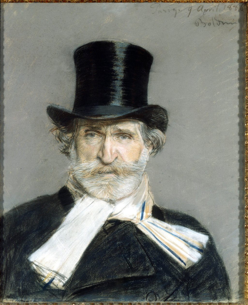 Porträt von Giuseppe Verdi im Jahr 1886. Zeichnung von Giuseppe Boldini (1842-1931). Rom, Galleria D