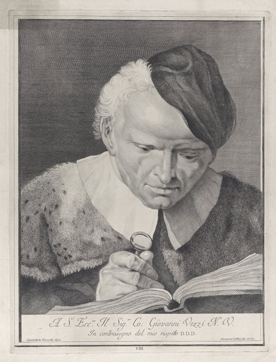 Mann mit Hut liest ein Buch mit einer Lupe, 1743 von Giovanni Cattini