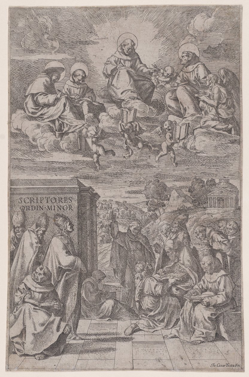 Geistliche in einer Landschaft beim Schreiben, andere im himmlischen Reich darüber, ca. 1650 von Giovanni Cesare Testa