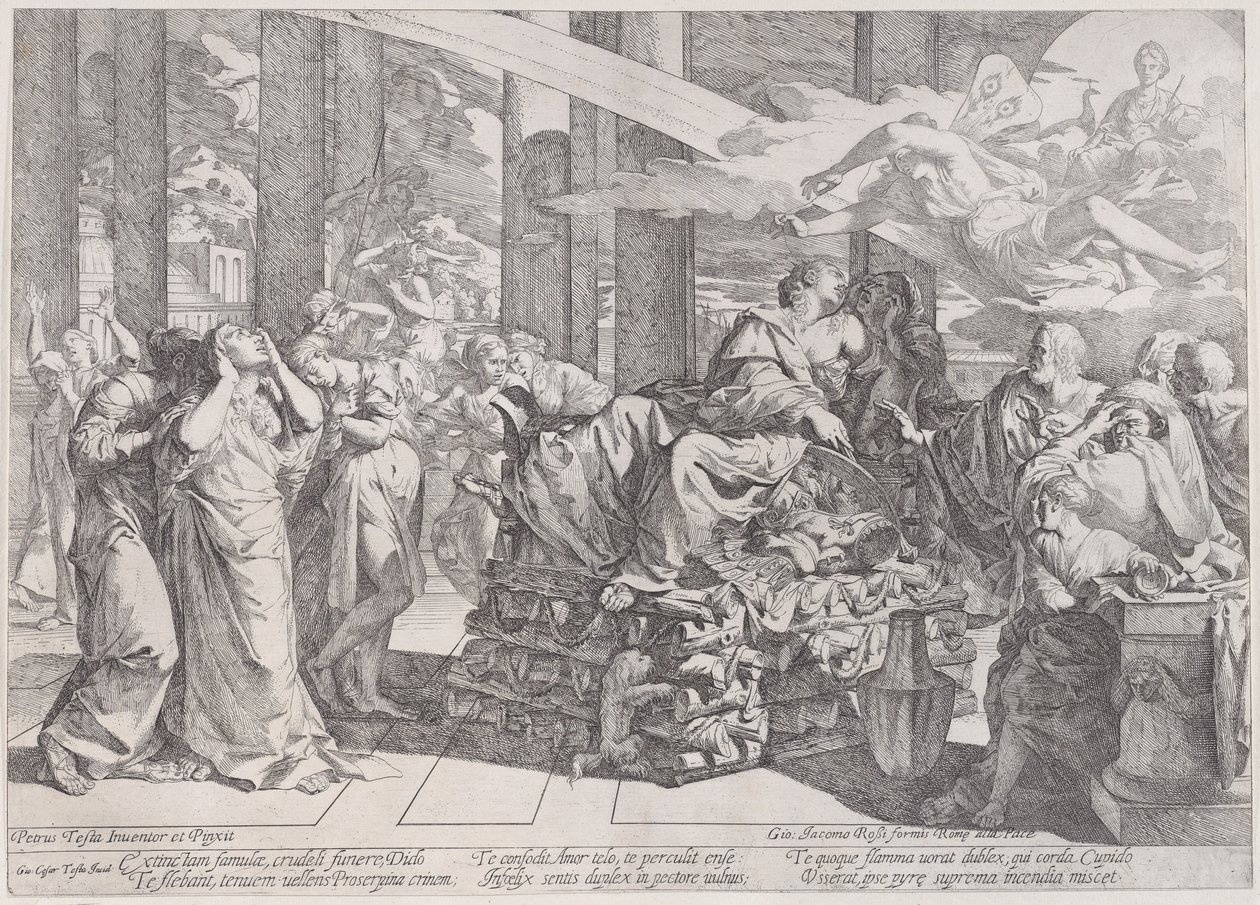 Der Selbstmord von Dido, die auf einem Scheiterhaufen liegt, umgeben von vielen Figuren von Giovanni Cesare Testa