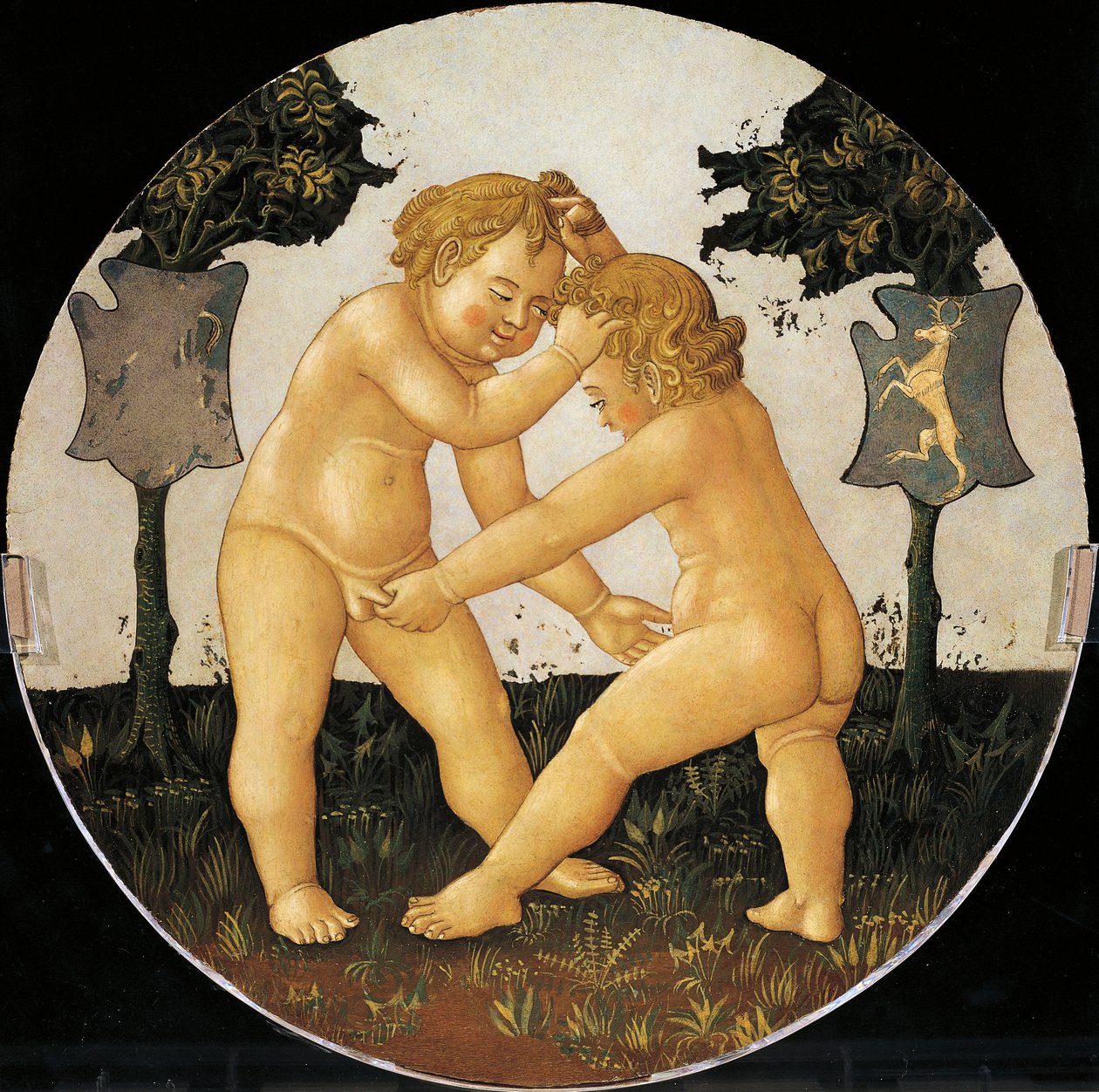 Putti spielen, Detail von der Rückseite eines Geburtsbretts (rundes Gemälde), um 1450 von Giovanni Di Ser Giovanni Lo Scheggia Guidi