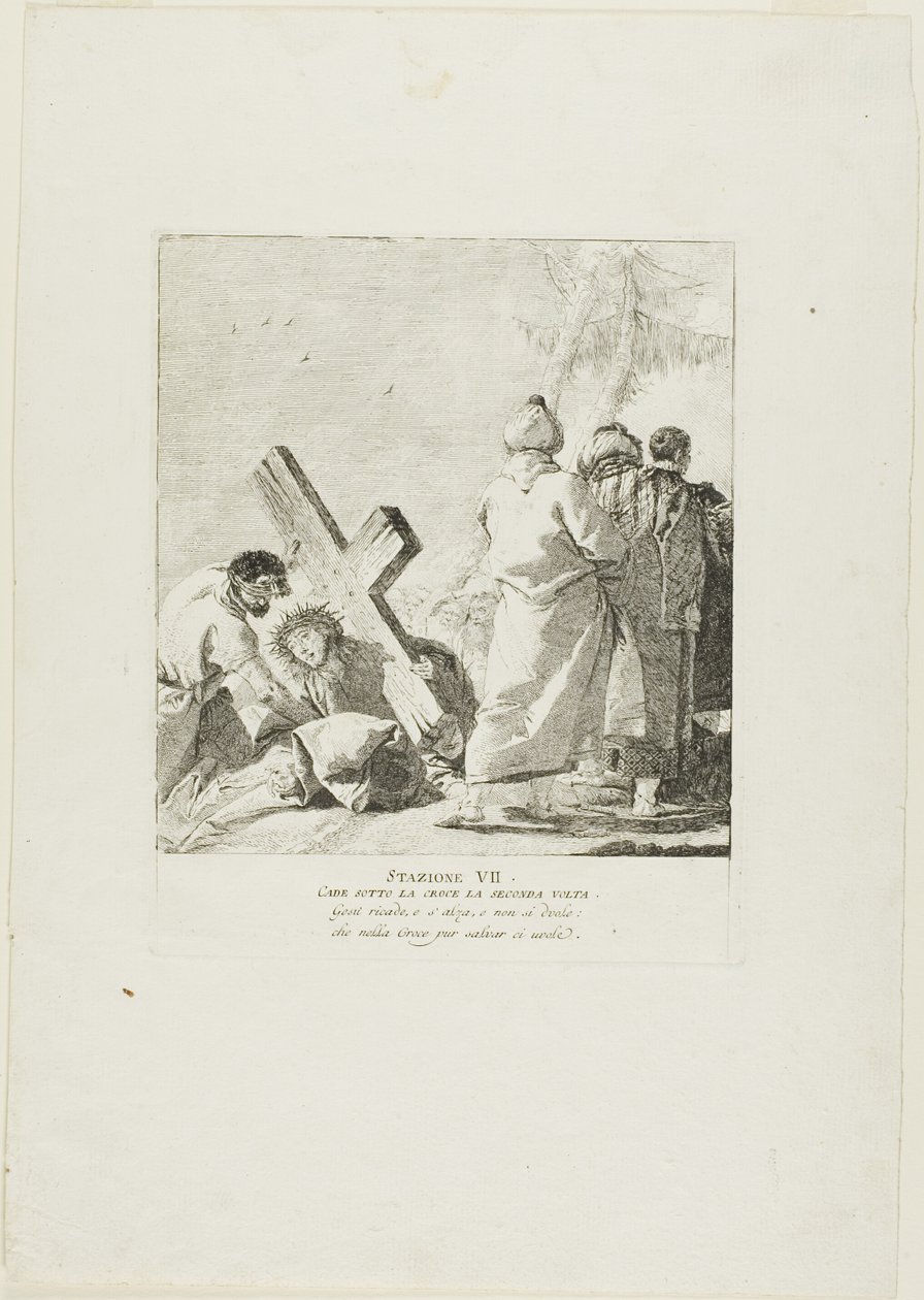 Christus fällt zum zweiten Mal unter das Kreuz, Platte sieben aus dem Kreuzweg von Giovanni Domenico Tiepolo