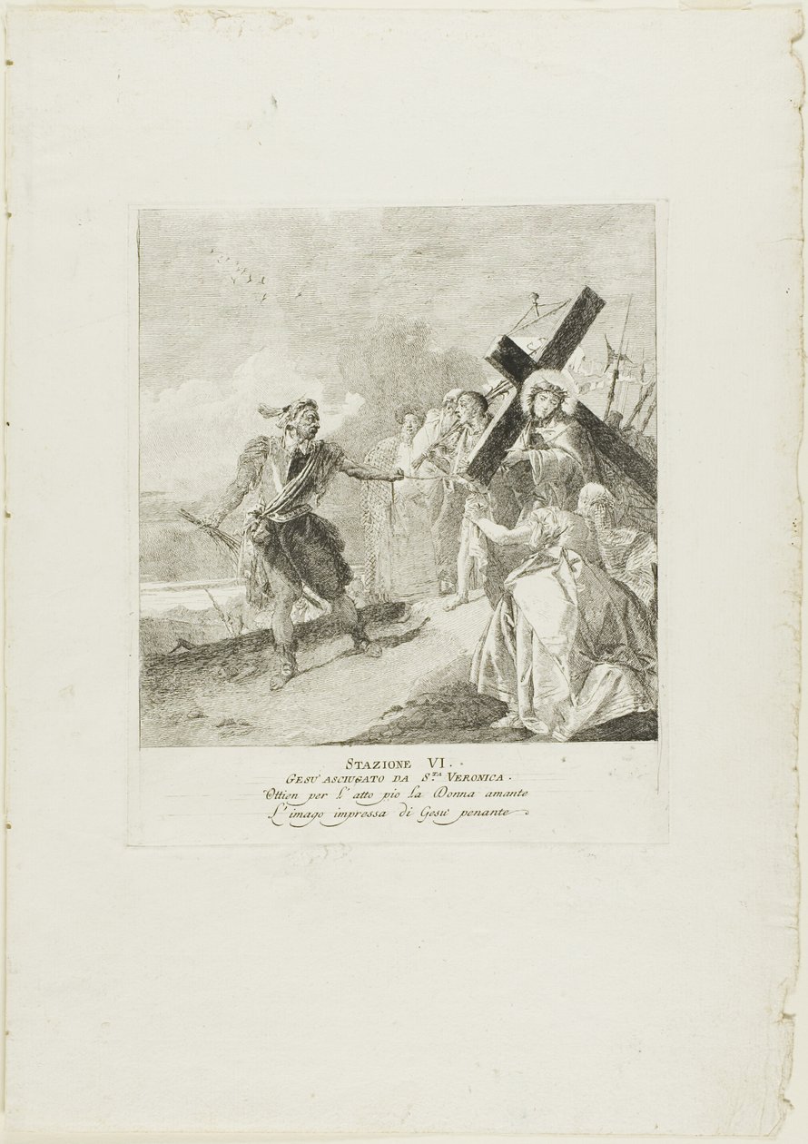 Das Gesicht Christi wird von der Heiligen Veronika abgewischt, Platte sechs aus Kreuzwegstationen von Giovanni Domenico Tiepolo