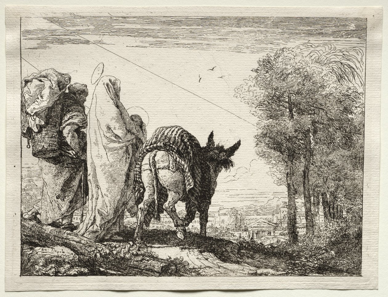 Flucht nach Ägypten: Die Heilige Familie nähert sich einem Dorf von Giovanni Domenico Tiepolo